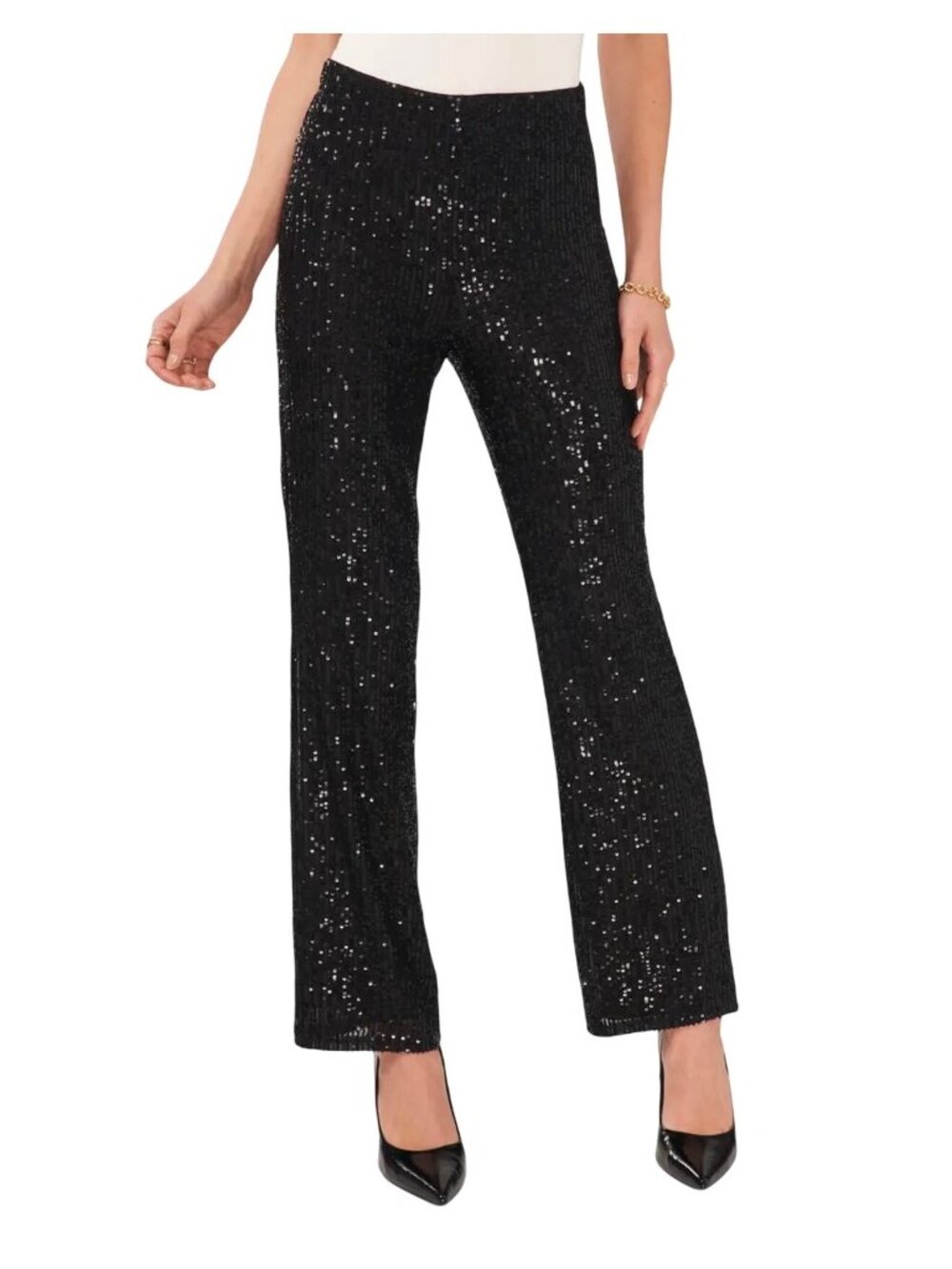 Vince Camuto Black Full Sequined Straight-Leg Pants Women SZ XS Polyester Blend
